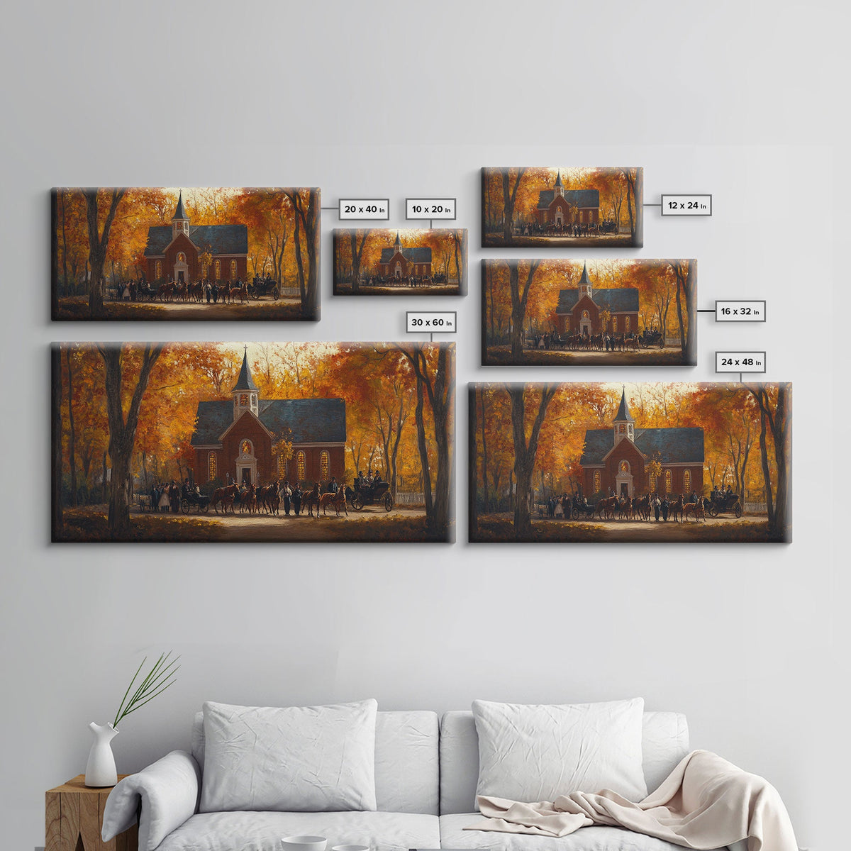 Beautiful Country Church in Autumn Scene Framed Canvas Print Fall Art, Rustic Autumn Church Scene, Vintage Wall Art Home Decor