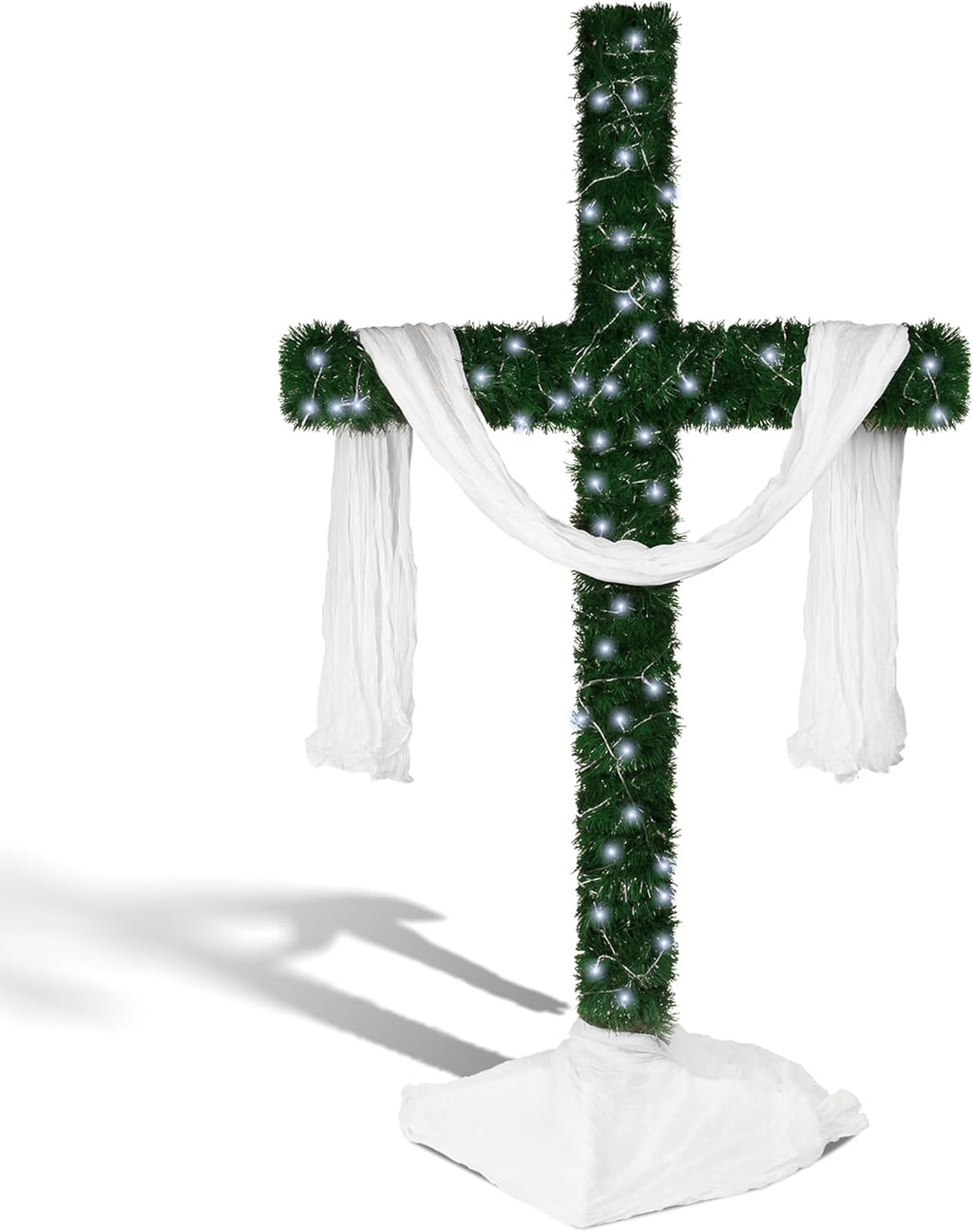 74-Inch Lighted Christmas Cross Tree with 200 Cool White LED String Lights, Religious Indoor Holiday Decor with Scarves & Vines – Christian Catholic Jesus Home Decoration