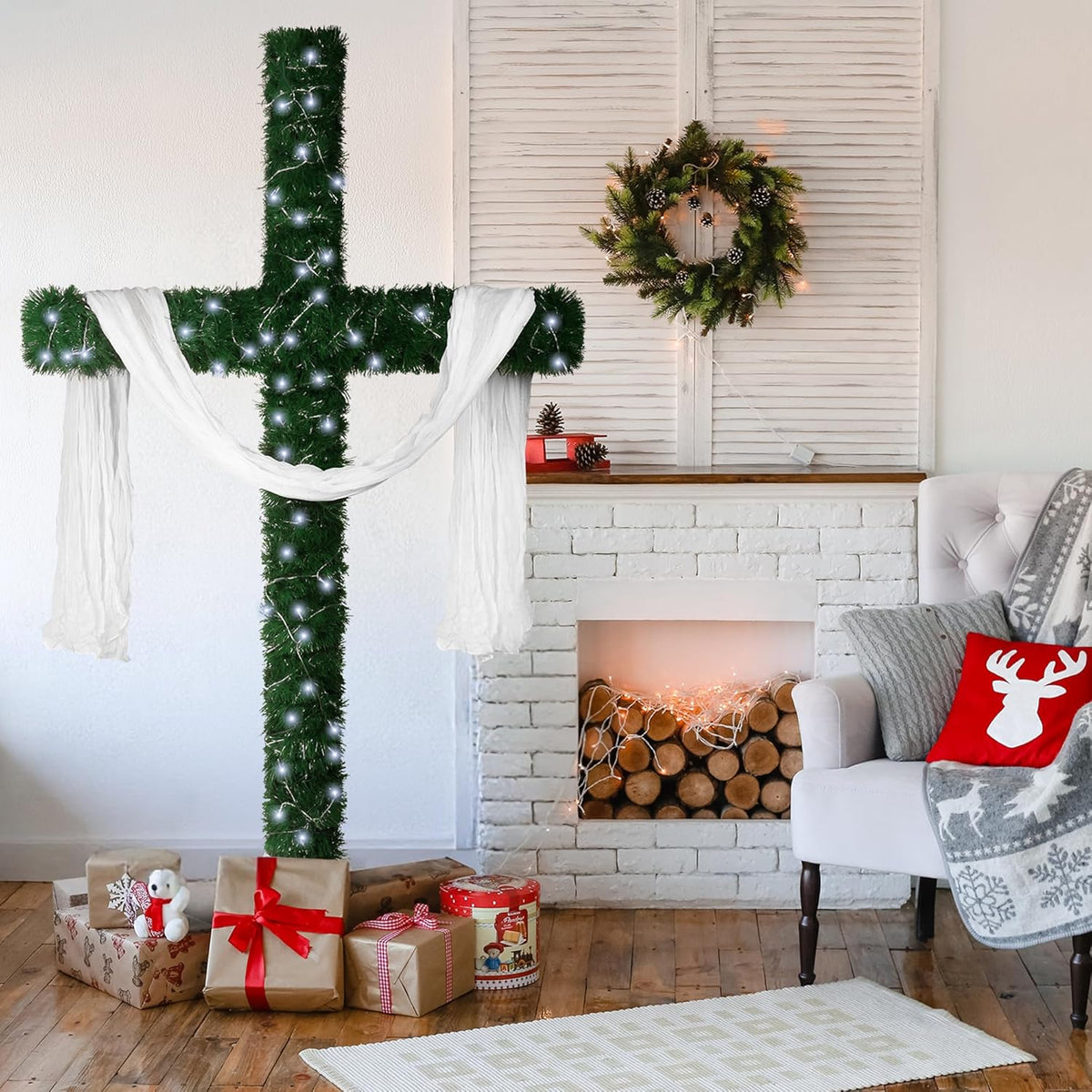74-Inch Lighted Christmas Cross Tree with 200 Cool White LED String Lights, Religious Indoor Holiday Decor with Scarves & Vines – Christian Catholic Jesus Home Decoration