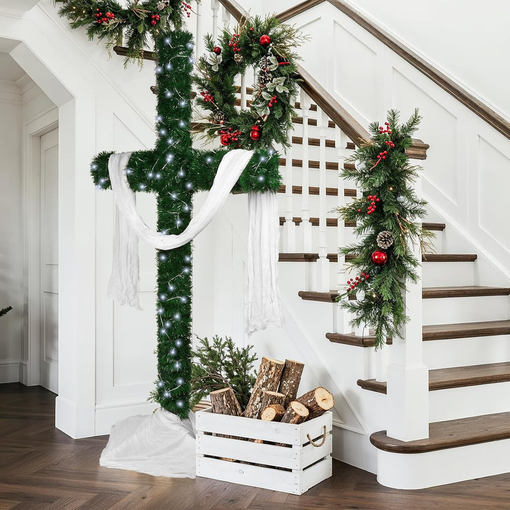 74-Inch Lighted Christmas Cross Tree with 200 Cool White LED String Lights, Religious Indoor Holiday Decor with Scarves & Vines – Christian Catholic Jesus Home Decoration