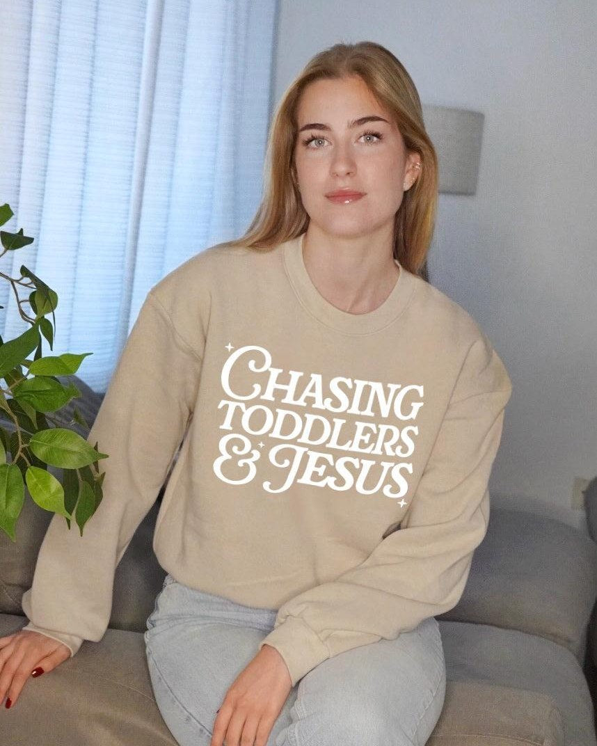 Chasing Toddlers and Jesus Christian Mom Cropped Sweatshirt, Faith Gift for Women