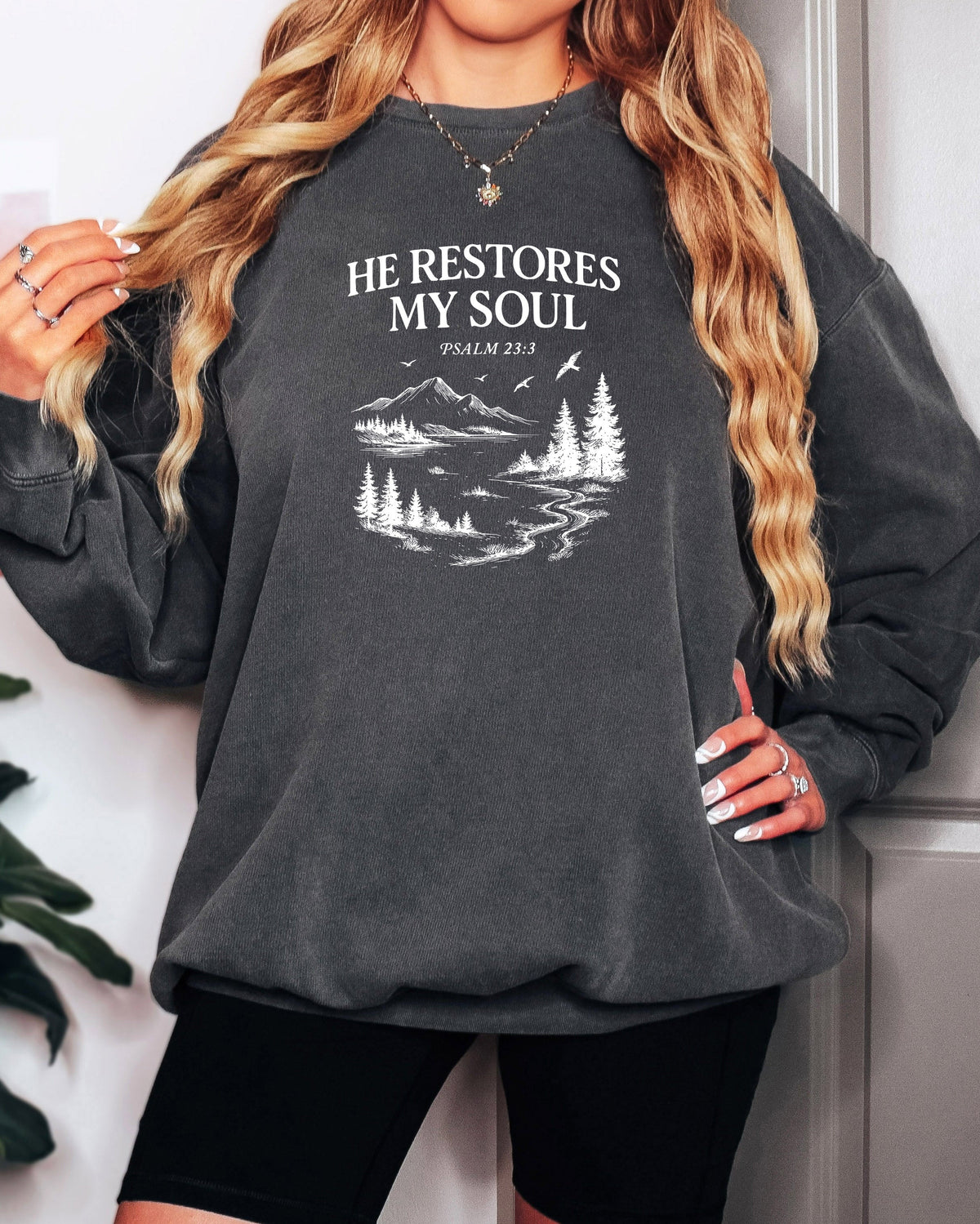 He Restores My Soul Psalm Christian Comfort Colors Sweatshirt, Bible Faith Gift