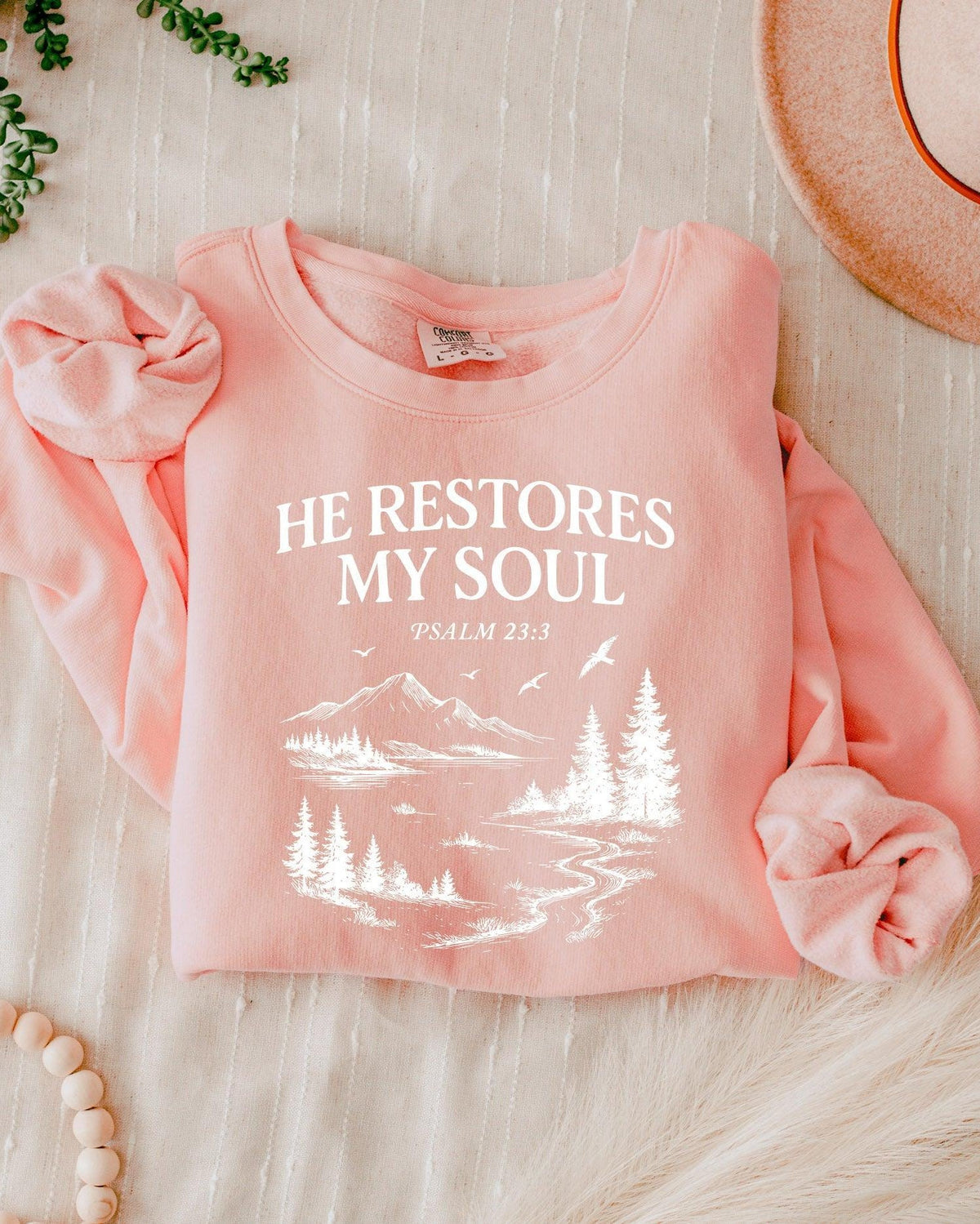 He Restores My Soul Psalm Christian Comfort Colors Sweatshirt, Bible Faith Gift