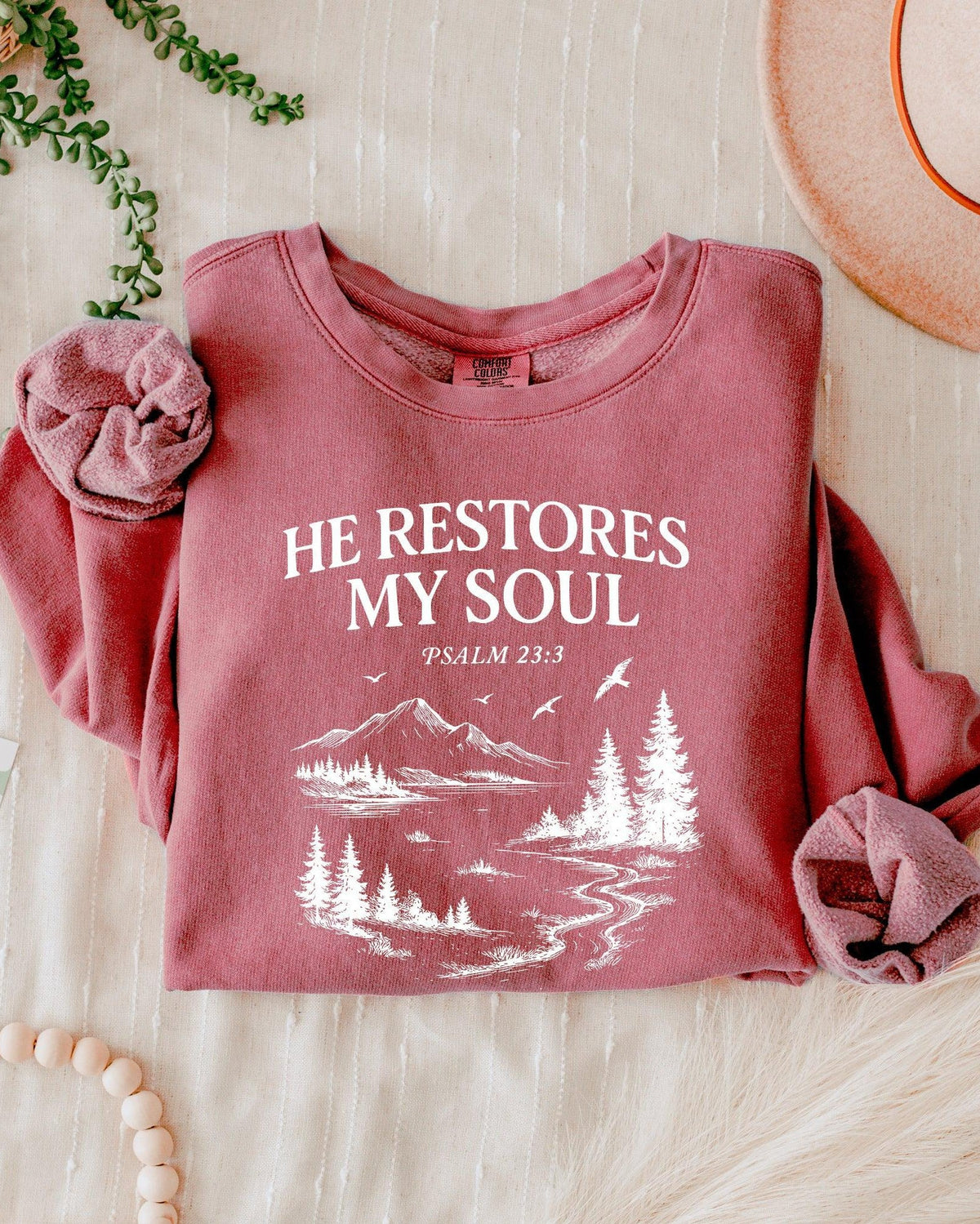 He Restores My Soul Psalm Christian Comfort Colors Sweatshirt, Bible Faith Gift
