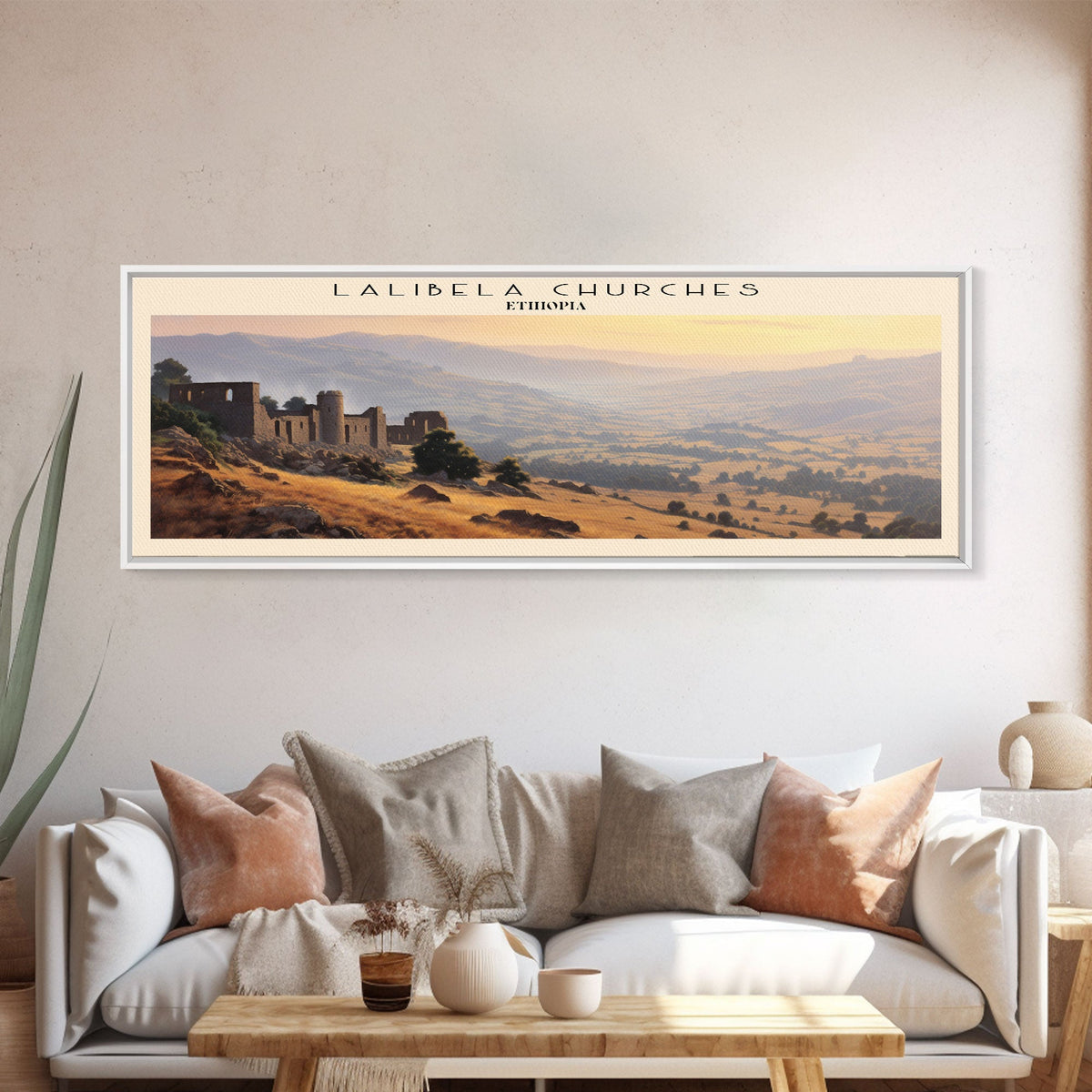 Lalibela Churches Travel Art Framed Canvas Print, COUNTRY Wall Decor, Home Decor, Travel Poster, Vintage Wall Art, Watercolor Painting