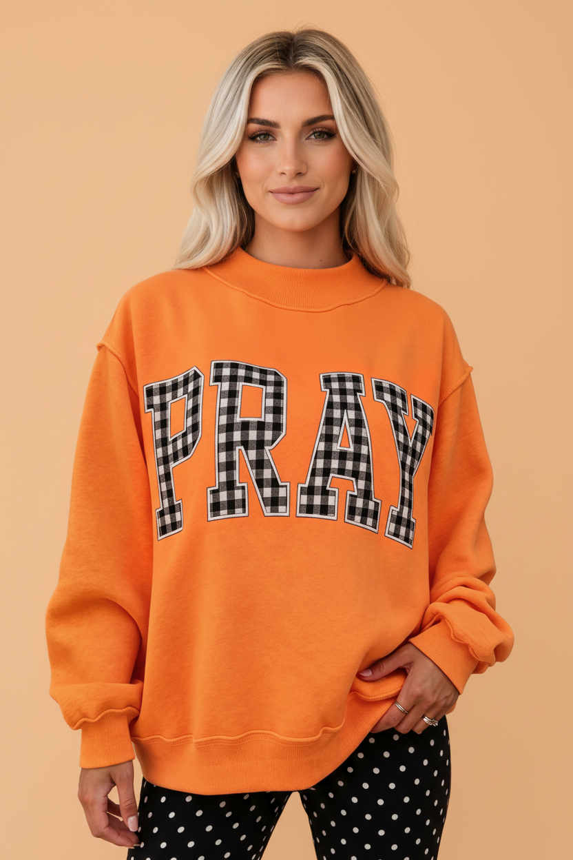 PRAY Letter Print Embroidered Mock Neck Sweatshirt