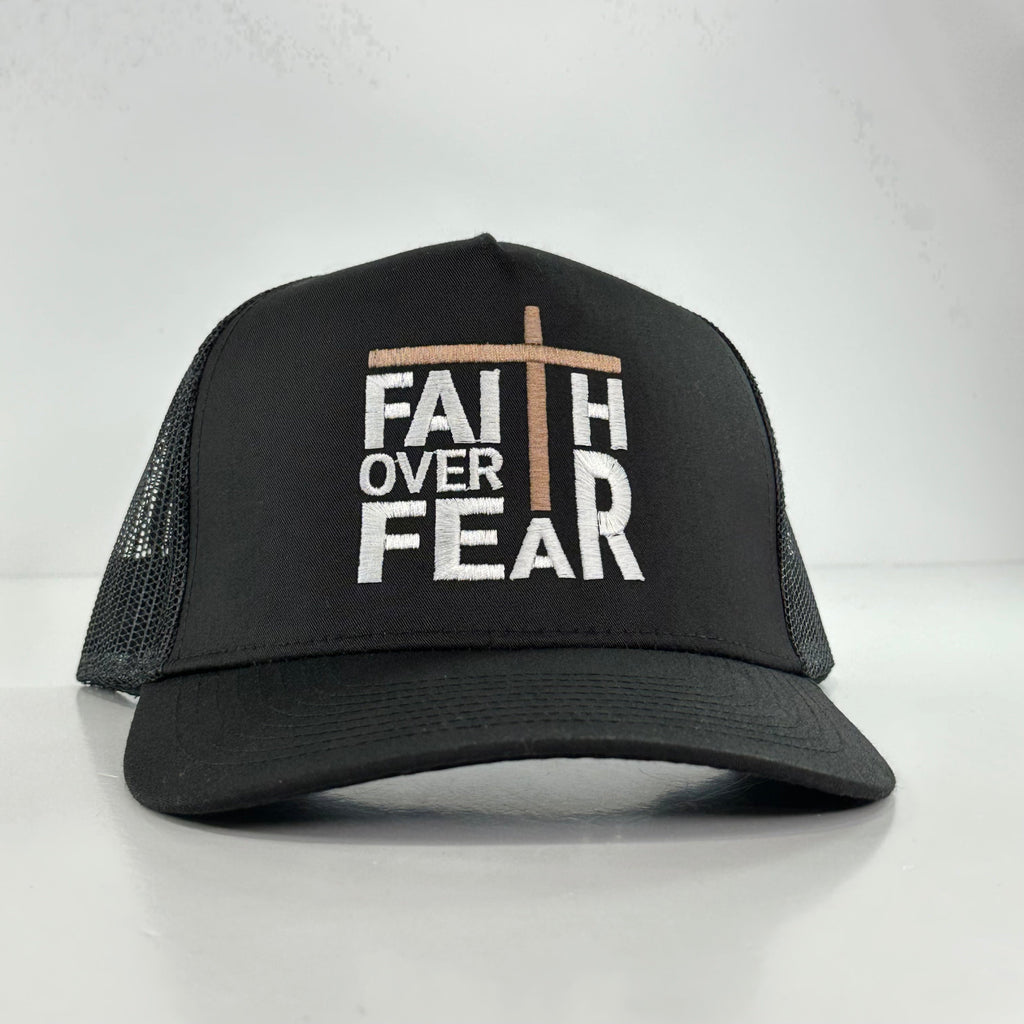 FAITH OVER FEAR BLACK MESH SNAPBACK TRUCKER CAP HAT CUSTOM EMBROIDERED